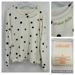 Jasmine & Ginger Embroidered Snow Cute Black Polka Dot Ivory Sweatshirt Size L